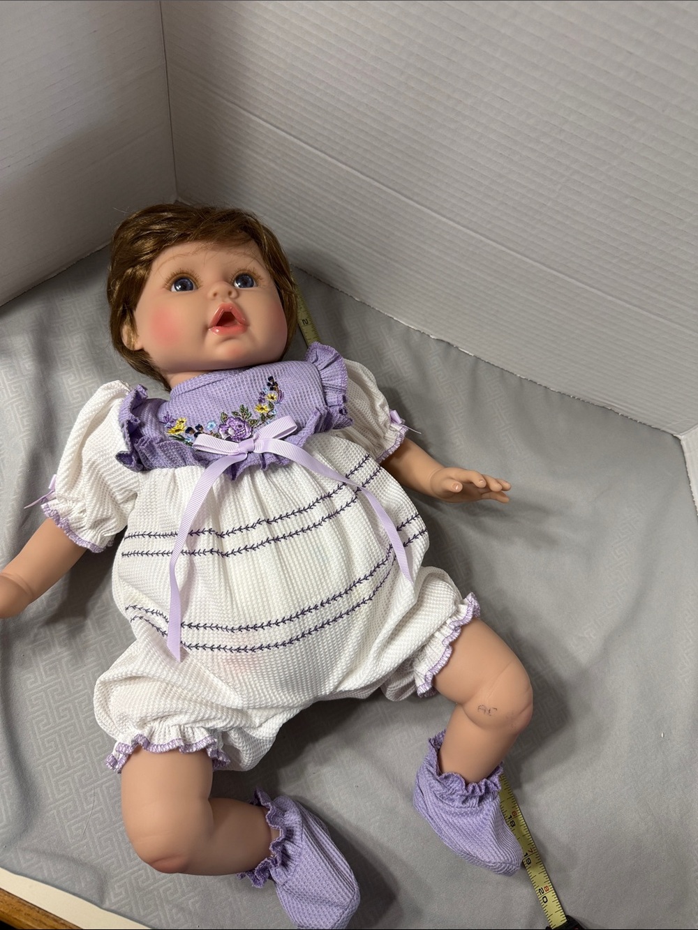 Aori Reborn Lifelike Baby Girl Doll in Lavender Embroidered Outfit Soft Body - Picture 8 of 10